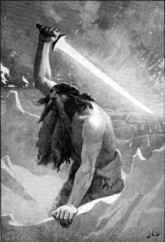 The fire giant Surtr striding forward with a flaming sword raised, John Charles Dollman's 1909 painting The Giant with the Flaming Sword