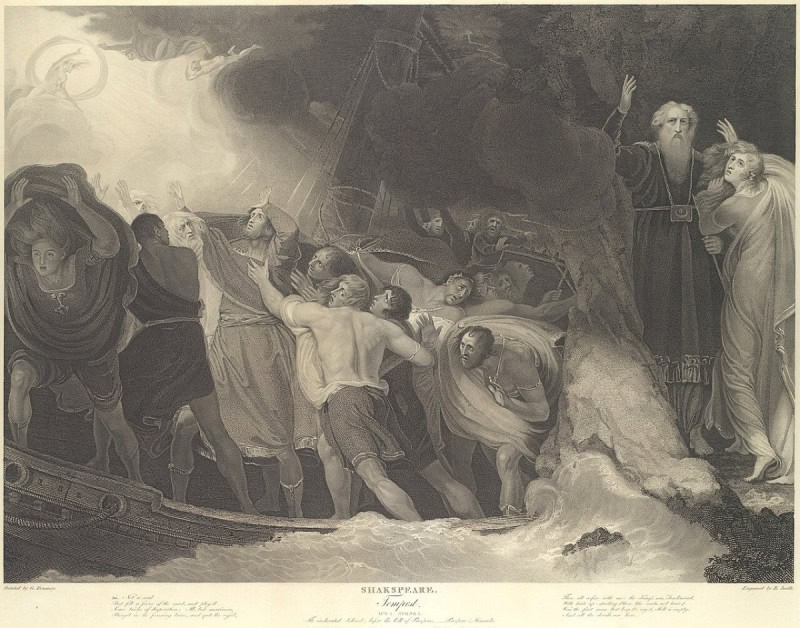 Prospero and Miranda watching the shipwreck from before his cell, engraving after George Romney for the Boydell Shakespeare Gallery, 1797