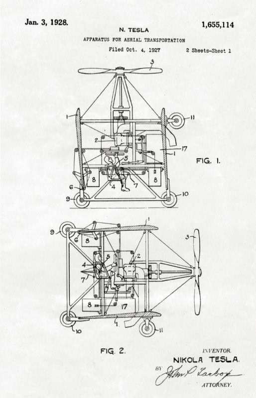 Patent drawing sheet for Nikola Tesla's 1928 apparatus for aerial transportation, a vertical take-off aircraft shown in two views, from the Nikola Tesla Museum