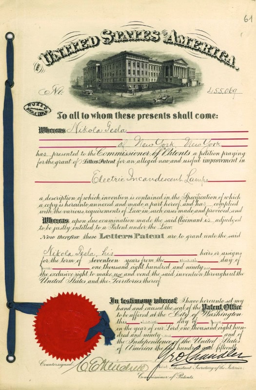 Nikola Tesla's 1891 letters patent for electric incandescent lamps, the printed certificate with its red seal and ribbon, held by the Nikola Tesla Museum