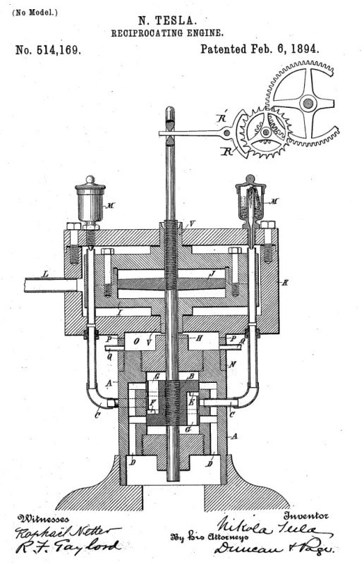 Figure 1 from Nikola Tesla's US patent 514,169 for a reciprocating engine, the mechanical oscillator, showing the piston cylinder in section