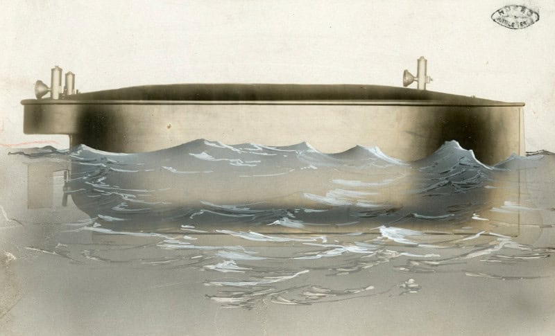 Tesla's radio-controlled boat of 1898, a low metal hull with two antenna masts, in a period photograph against painted waves, from the Nikola Tesla Museum archive