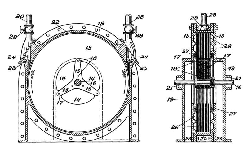 Drawing from Nikola Tesla's turbine patent showing the stack of flat discs on a shaft inside the casing, in section and end view