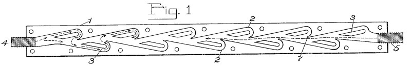 Figure 1 from Nikola Tesla's 1920 patent for a valvular conduit, the plan view with the top plate removed, showing the straight channel and its row of looping side pockets