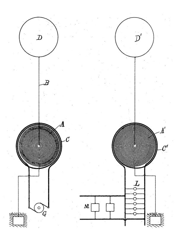 Drawing from Nikola Tesla's US patent 645,576, filed 1897, showing two elevated terminals and coils for transmitting electrical energy without wires