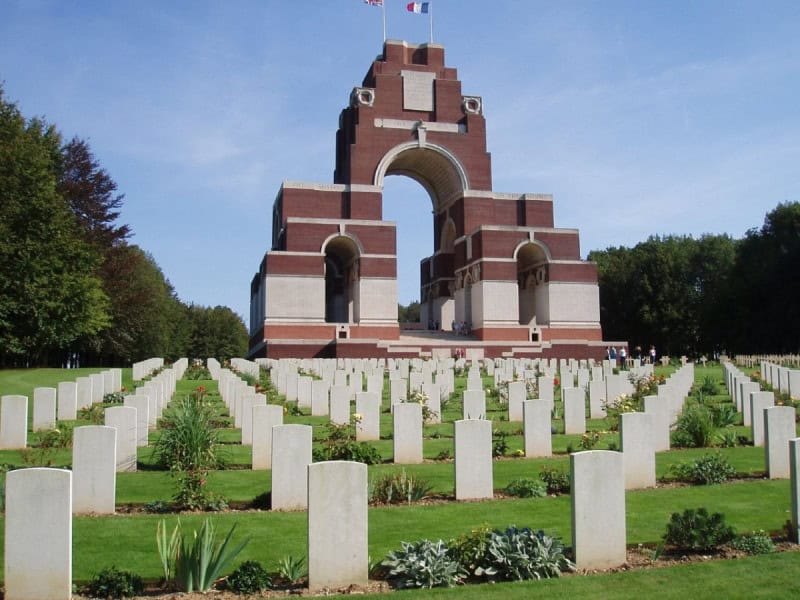 The Thiepval Memorial to the Missing of the Somme, seen from the Anglo-French cemetery at its foot