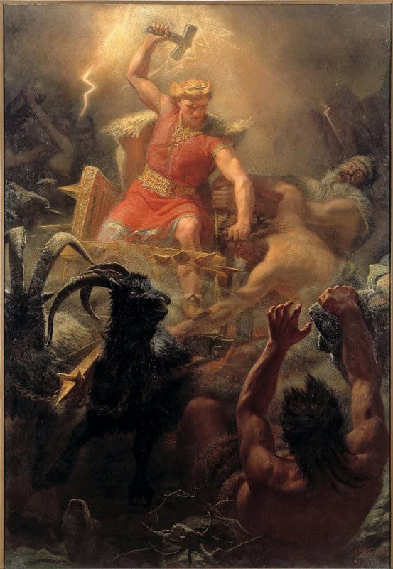 Thor in his goat-drawn chariot swinging Mjolnir against the giants, Marten Eskil Winge's 1872 painting Thor's Fight with the Giants