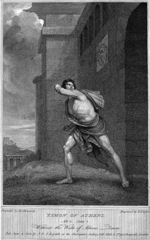 Timon outside the walls of Athens renouncing society, engraving after Henry Howard for the Boydell Shakespeare Gallery