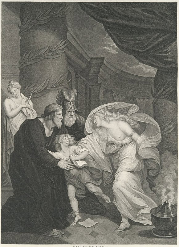 The maimed Lavinia pursuing young Lucius in Titus's garden, engraving by Thomas Kirk for the Boydell Shakespeare Gallery, 1793