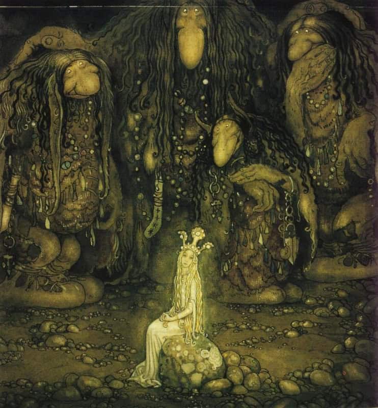 A troll mother with her large-nosed children in a dark forest, John Bauer's 1915 illustration Look at them, troll mother said