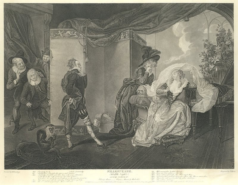Malvolio in yellow stockings before Olivia and Maria, engraving after Ramberg for the Boydell Shakespeare Gallery, 1794