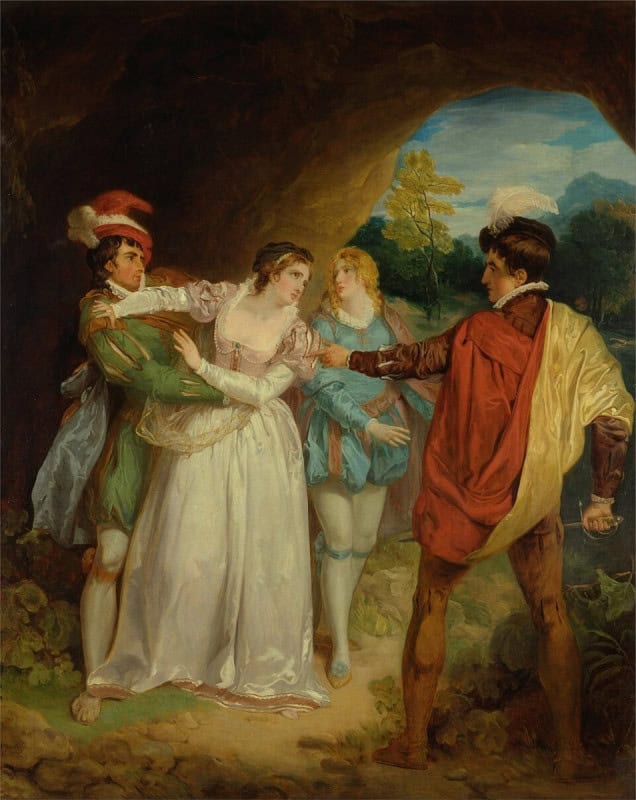 Valentine rescuing Silvia from Proteus in the forest, painted by Francis Wheatley for the Boydell Shakespeare Gallery, 1792