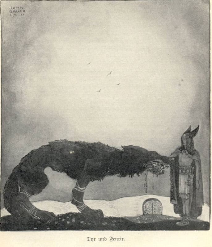 The wolf Fenrir, bound and crouching, with Tyr's outstretched hand in its mouth as the god stands before it, in John Bauer's 1911 illustration