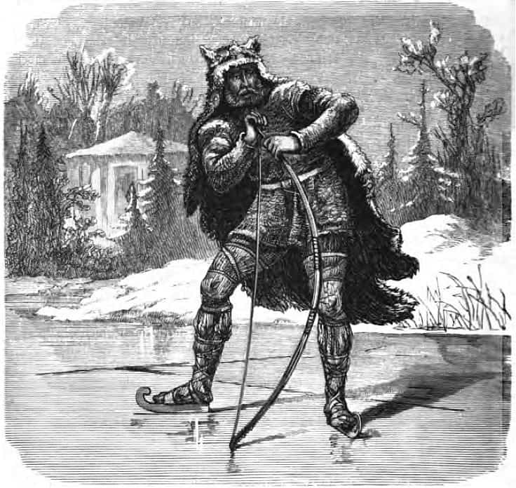 Ullr leaning on a longbow and wearing skates, standing on a frozen lake in a winter landscape, in Friedrich Wilhelm Heine's illustration published in 1882
