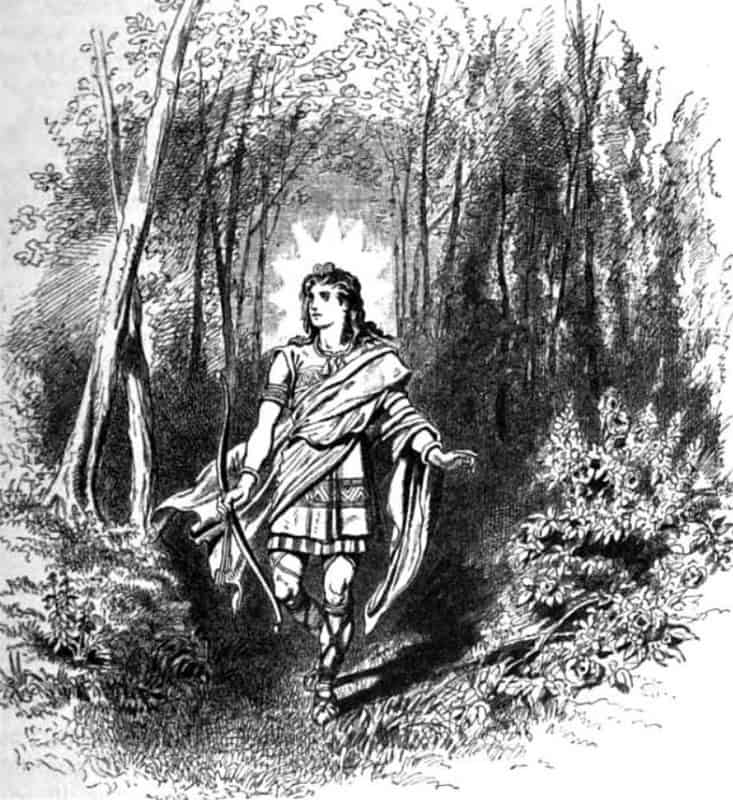 Vali as a young archer with a bow walking through a forest, in Carl Emil Doepler's illustration published in 1882