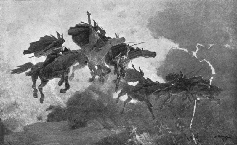 Armoured Valkyries on galloping horses charging through storm clouds, John Charles Dollman's 1909 painting The Ride of the Valkyrs