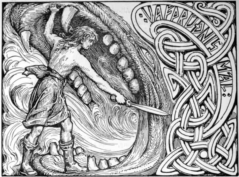 Vidar standing inside the open jaws of the wolf Fenrir with one foot on its lower jaw, swinging a sword, in W. G. Collingwood's 1908 illustration