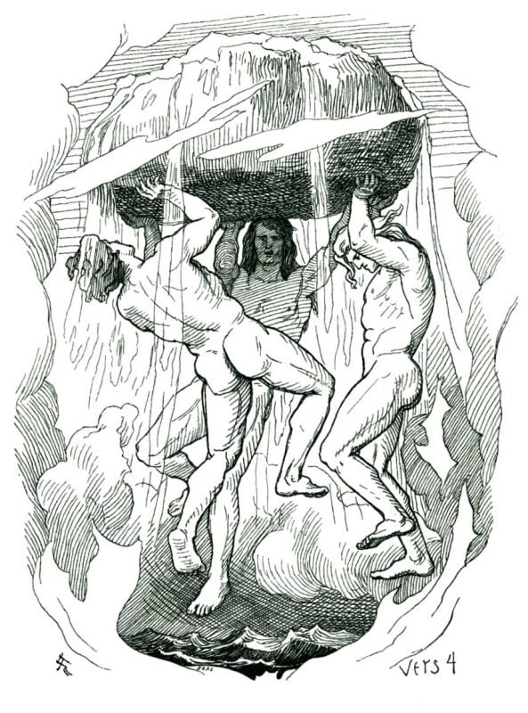 Odin and his brothers Vili and Ve lifting the body of the giant Ymir to build the world from it, in Lorenz Frolich's 1895 illustration