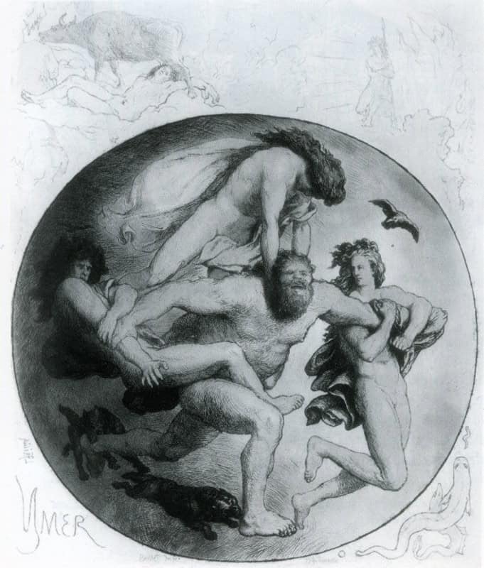 The sons of Bor, Odin and his brothers, slaying the primeval giant Ymir, drawn by Lorenz Frolich in the 19th century